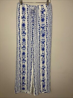 White Wide-Leg Pants with Blue Floral Stripes [KC00922]